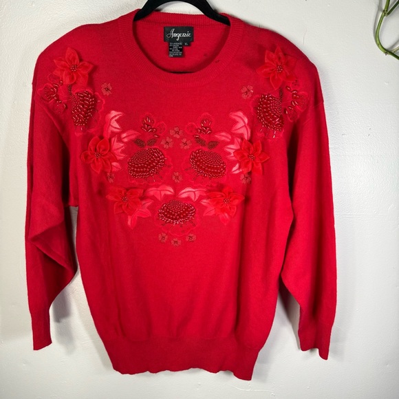 vintage cranberry red embroidered beaded holiday sweater angora wool HONG KONG - Picture 13 of 14